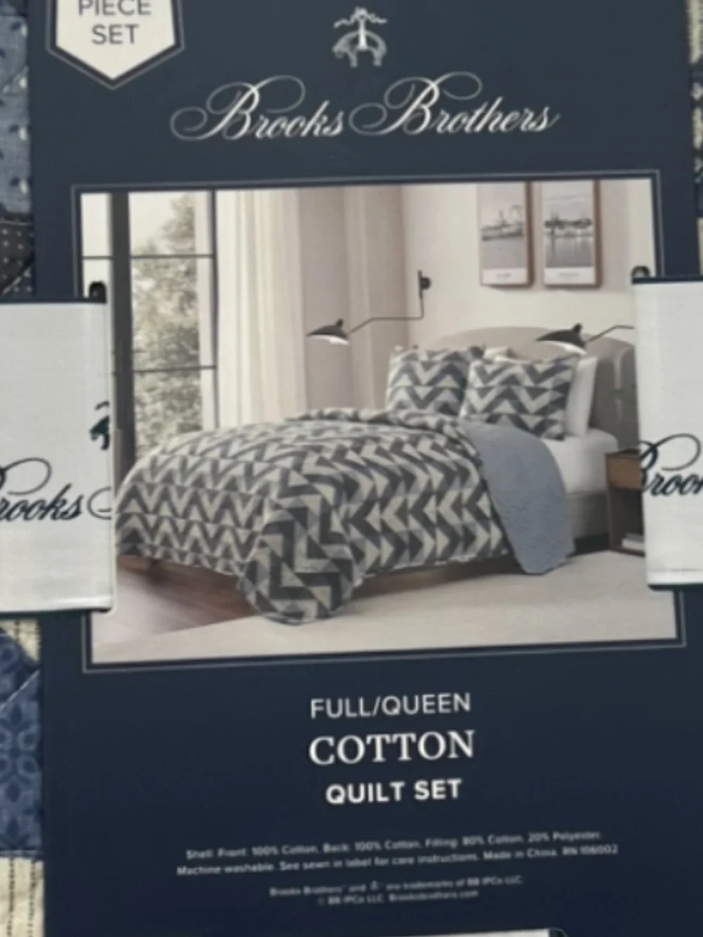 Brooks Brothers Blue and White Cotton Full/Queen Quilt Set